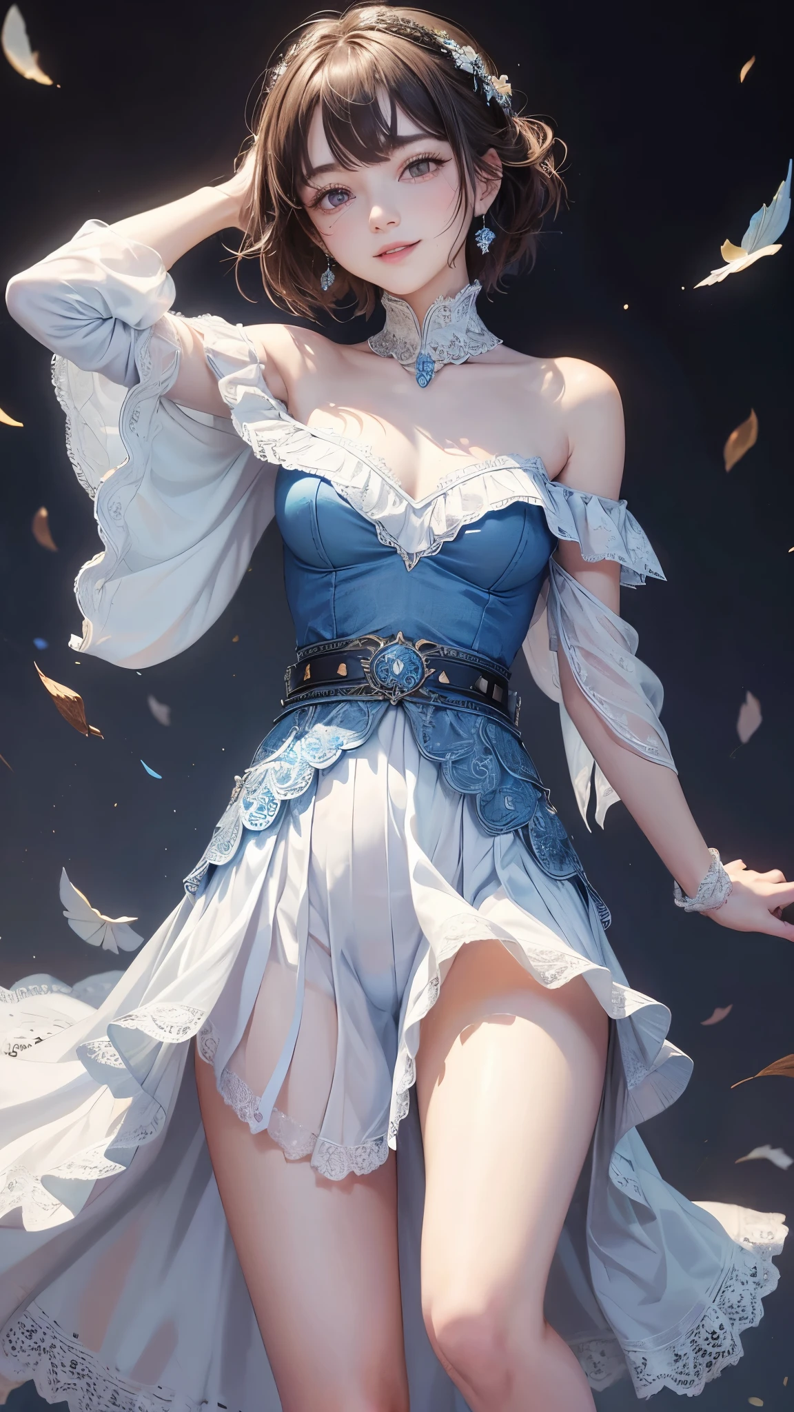 One girl, young girl, (small breasts), wearing long dress, (arm sleeves), ((off shoulder )), one side leg waist slit, blue dress, white frills, made of lace, lacework, brown belt, thighs, short hairs,  blushing, smiling, extremely detailed eyes, 4k, perfect lighting, standing