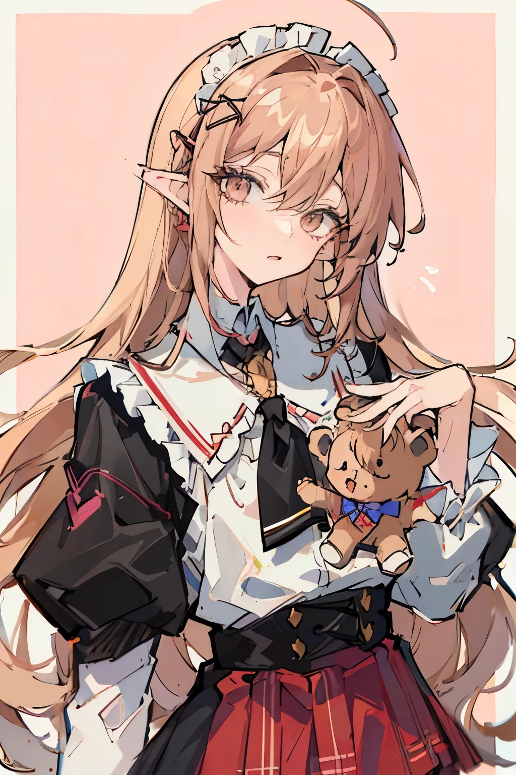 Anime style illustration of two schoolgirls holding teddy bears. The girl has long hair、Should wear a white shirt,Tie a big bow,Wear a plaid skirt。. Teddy bears should be a lovely light brown color. The background should be bright pink.