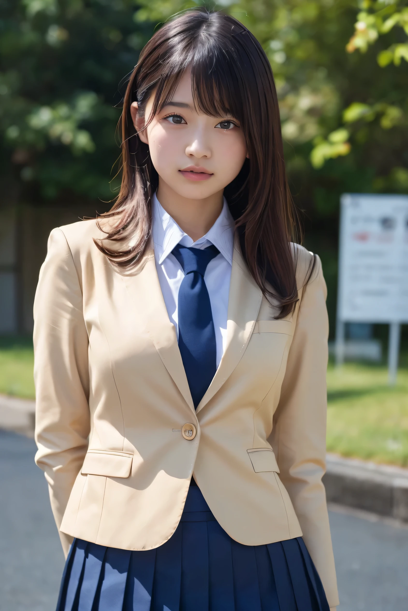 (8k, RAW Photos,Best Quality, High resolution:1.1), (超Realisticな:1.4),(Realistic, Realistic:1.3),The beauty of Japan、1、(navy skirt), navy blue blazer, pleated miniskirt,
(cute school uniform)、((Upper Body:1.3))