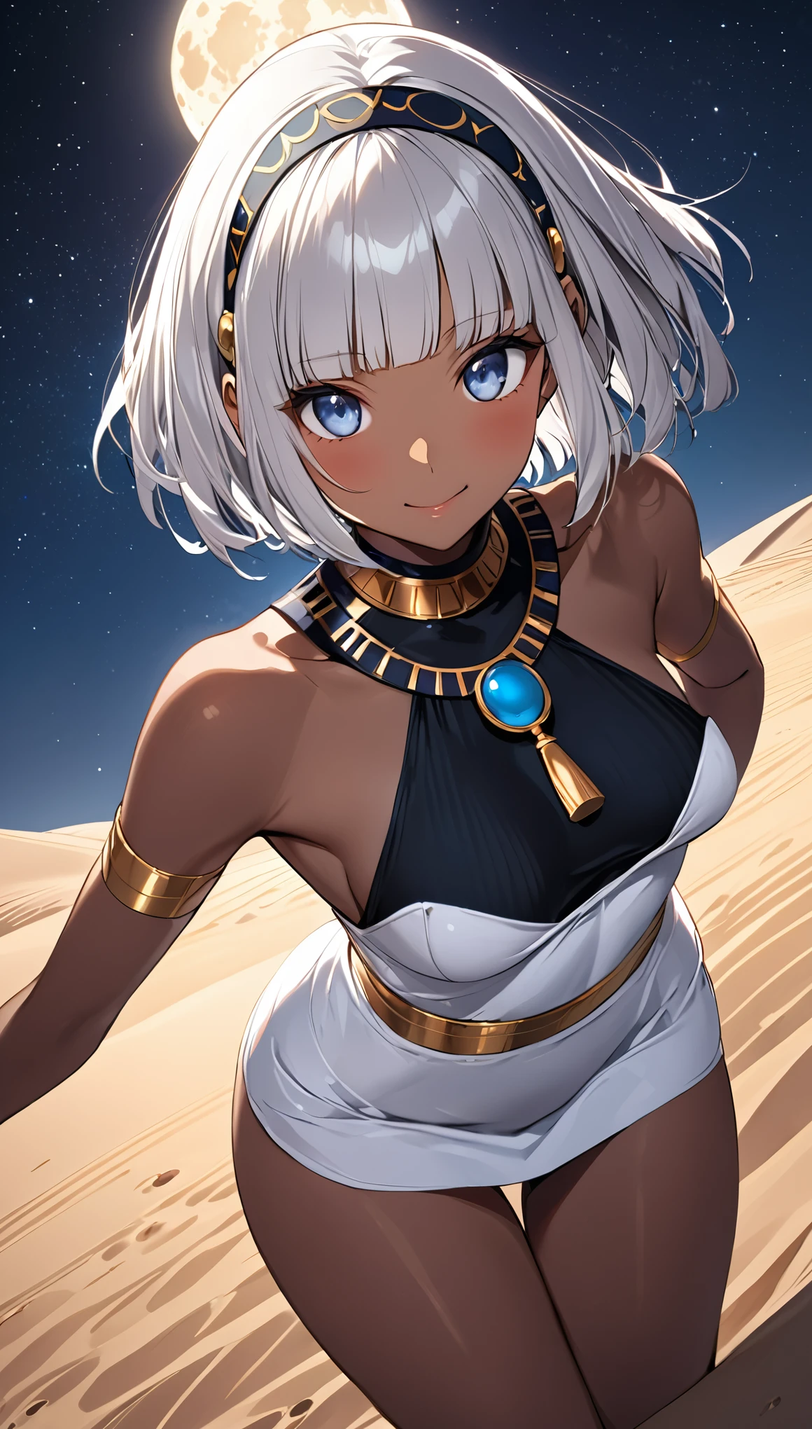 (nup, Cleopatra:1.2), Model pose, full moon、Starry Sky、Dynamic Angle, desert、night、Cowboy Shot,Best Quality、masterpiece, a girl, from above, Alone, Beautiful silver hair、((((Very short hair))))、blue eyes、(hair band)、((Blunt bangs)), ((Medium Chest)), 24-years-old, (tsurime), dark skin, Slender、Anime Style、Cute face、Narrow waist、Natural smile, red cheek,