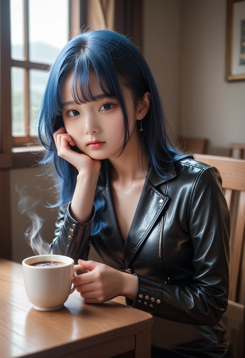 photo Ligahyeon, Korean woman in coffee, sitting at the table, holding coffee, window, sunlight, blue hair, dynamic pose, leather texture, pale skin, shiny skin, (Slim, small:1.2), [:(clear focus on the face, detailed face, perfect eyes, looks at the viewer:1.2):0.2], photorealistic, film noise, top quality, masterpiece 