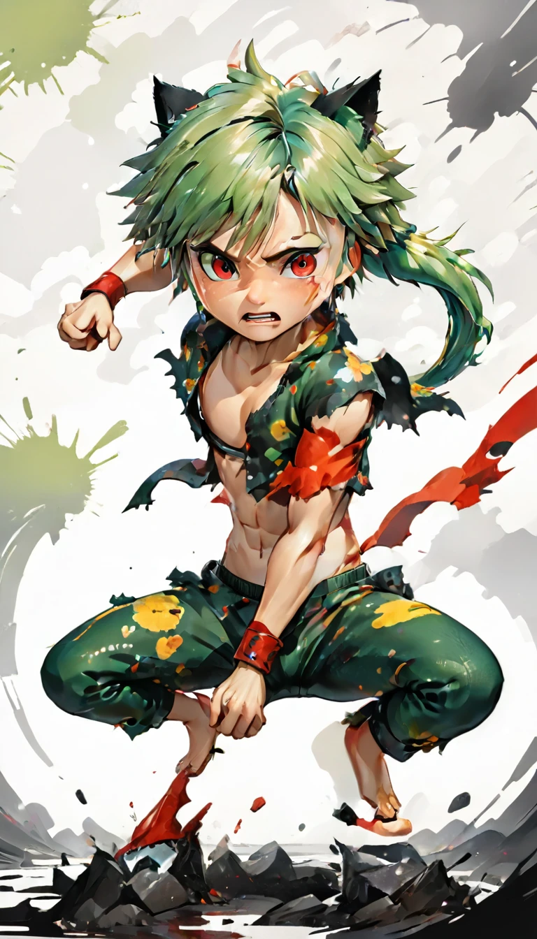 Highest quality,Masterpiece,Pro Art,8k,Anatomical,f6close,torn clothes,Green Hair,juvenile,Huge muscles,Huge erect penis,Wolf Pose,full body,Spiked Hair,Voluminous ponytail,Chibi,Crying face,Lots of drooling,Japanese anime style,score_9, score_8up, score_7up, score_6up, score_5up, score_4up, source_cartoon, rating_safe, break
abstract background, break
male, Alone, 1boy, f6close, green hair, spiked hair, low ponytail, red eyes, break
torn clothes, crouching, barefoot, break
 