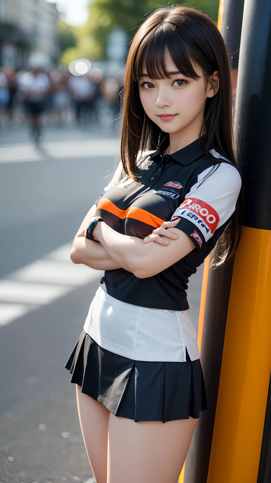 (8k, RAW Photos, Please redeem, masterpiece:1.2), (Realistic, photo-Realistic:1.4), (High quality 8K wallpapers), ((Full Body Shot)), (:1.5, 1 girl), Sharp focus, Written boundary depth, Cinematic Lighting, Soft light, 緻密な美しさのeye, eye_Chan, Very beautiful 1 girl, innocent big eyes, Realistic, photo Realistic, A cute girl drawn in detail, (Thin thighs), (Model body type), ((( MotoGP Repsol Honda Team Polo Shirt))), ((Micro Mini Tight Skirt)), (((Fold your arms over your chest and assume an arrogant attitude))), ((Happy smile)), Open lips, Looking at the audience, (On the streets of Britain) , (Black Hair), (Long Bob Hair), (Asymmetrical bangs)