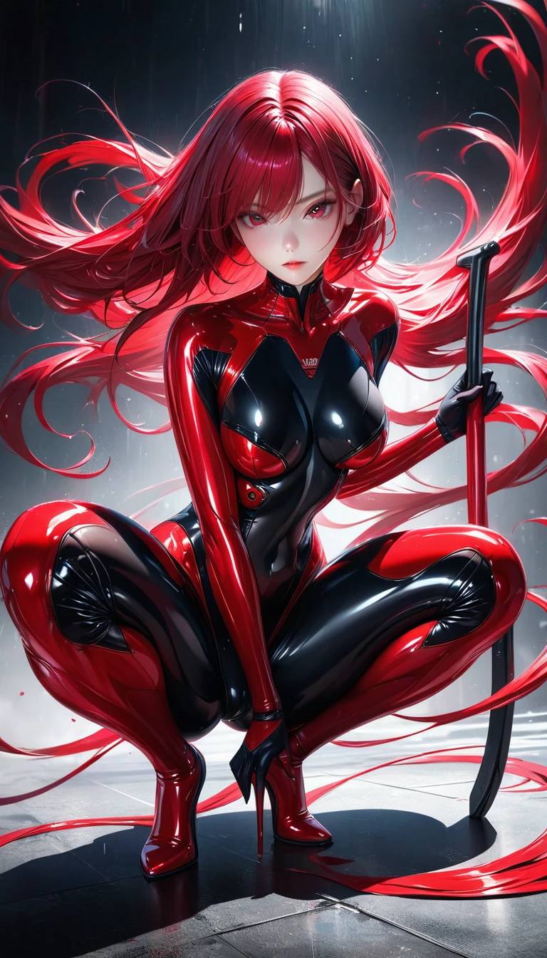 1 girl, realistic, Cutie, red head, 18+, tight, oil, shiny, very shiny, shiny, latex, latex, latex, looking back, green eyes, provocative pose, inviting, kneeling, no shoes
