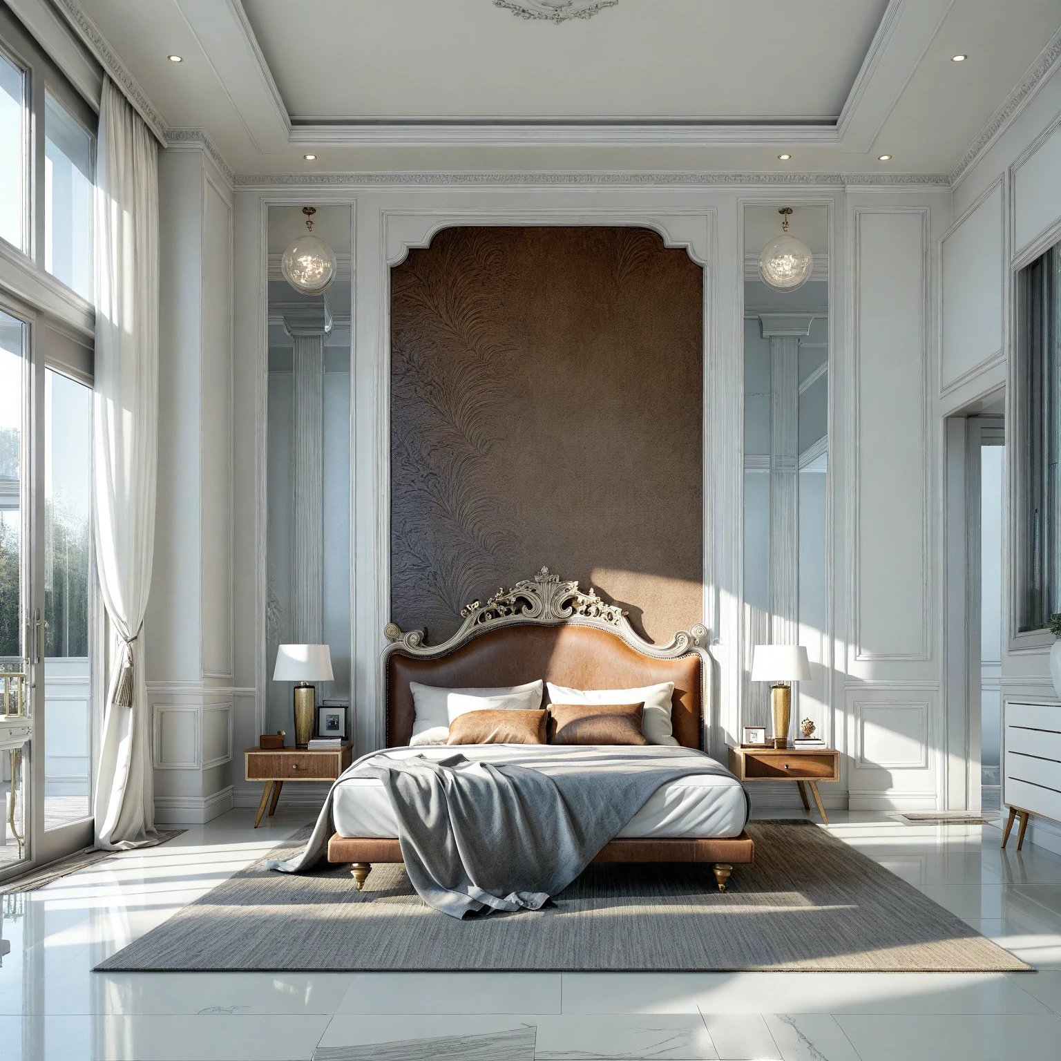 RAW photo, masterpiece, a view of a ( LIVING ROOM :1.3) with a couch, chairs, and a chandelier, highly detailed interior, neo - classical style, neoclassical style, neoclassicism style, interior architect architectural visualization, neoclassical style, in style of classicism, white light sun, rendered in vray, rendered in v-ray, rendered in unreal engine 3d, (photorealistic:1.2), (photorealistic:1.5), best quality, ultra high res, architechture, (leather sofa detail:1.5), neoclassic house, (detailed railing neoclassic:1.5), luxury neoclassical villa, (mable floor details:1.5), (detailed neoclassical carpet:1.5), in the style of neoclassical scene, glass windows, best quality, (Intricate lines:1.5), ((Photorealism:1.5)),(((hyper detail:1.5))), archdaily, award winning design, (dynamic light:1.3), (day light:1.2), (perfect light:1.3), (shimering light :1.4), refection glass windows, (curved line architecture arch:1.2), photorealistic, FKAA, TXAA, RTX, SSAO, Post Processing, Post-Production, CGI, VFX, SFX, Full color,((Unreal Engine 5)), Canon EOS R5 Camera + Lens RF 45MP full-frame CMOS sensor, HDR, Realistic, Cinematic intricate detail, extreme detail, science, hyper-detail, FKAA, super detail, super realistic, crazy detail, intricate detail, nice color grading, reflected light on glass, eye-catching wall lights, unreal engine 5, octane render, cinematic, trending on artstation, High-fidelity, Viwvid, Crisp, Sharp, Bright, Stunning, ((Lifelike)), Natural, ((Eye-catching)), Illuminating, Flawless, High-quality,Sharp edge rendering, medium soft lighting, photographic render, detailed archviz, ((( WHITE  Tone : 5 )))