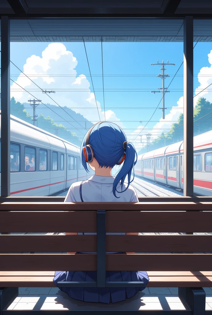 One girl\(cute, cute, Small child, Blue hair underneath, pony tail hair, Long Hair, Brown eyes, Big Eyes, Sitting on a bench, Waiting for the train, headphone, ＪＫ, high school student, Look away, boring\), Japanese Station, View from above,, Wide viewing angle, Landscape, Panoramic View, Anime Style, Cinematic