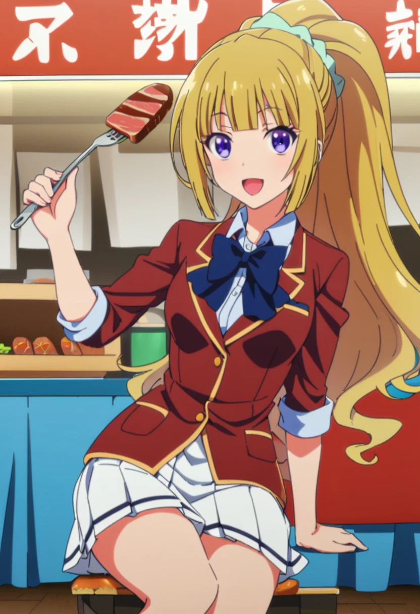 girl Offer meat on a fork to the viewers mouth,smile,open mouth,Meat Festival,stall, Kei Karuizawa, yellow hair, long hair, ponytail, scrunchie, purple eyes, school uniform, red jacket, blue bow, white skirt