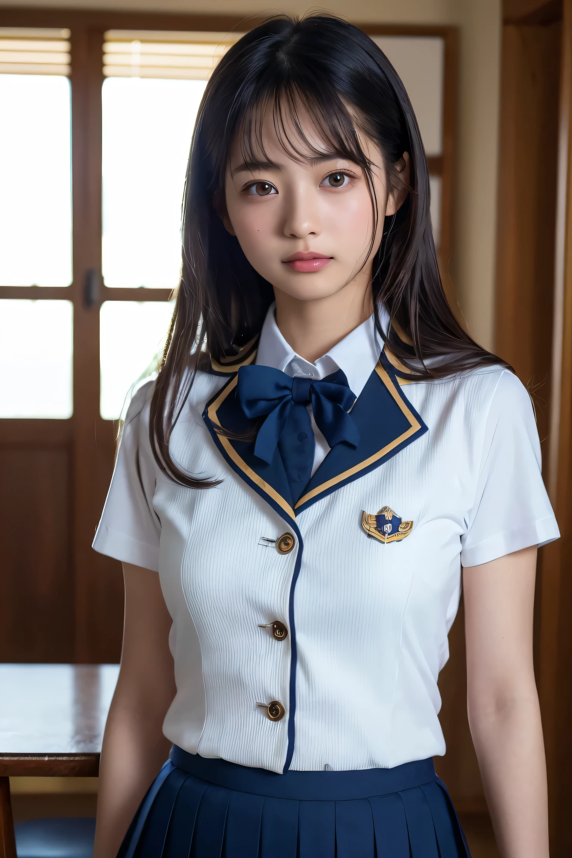 (8k, RAW Photos,Best Quality, High resolution:1.1), (超Realisticな:1.4),(Realistic, Realistic:1.3),The beauty of Japan、1、(navy skirt),  navy blue blazer, pleated miniskirt,
(cute school uniform)、((Upper Body:1.3))