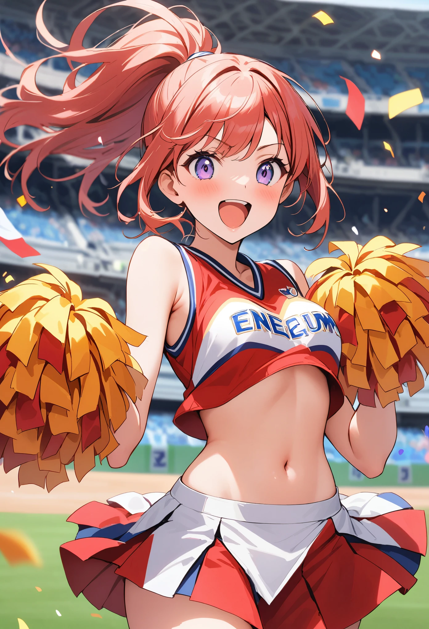 ponytail、Dynamic hair、Pompoms on hands。Bustling Stadium、Cheerleaders、Cheerleader Uniform、Energetic、Energeticに声援を送る人物達、