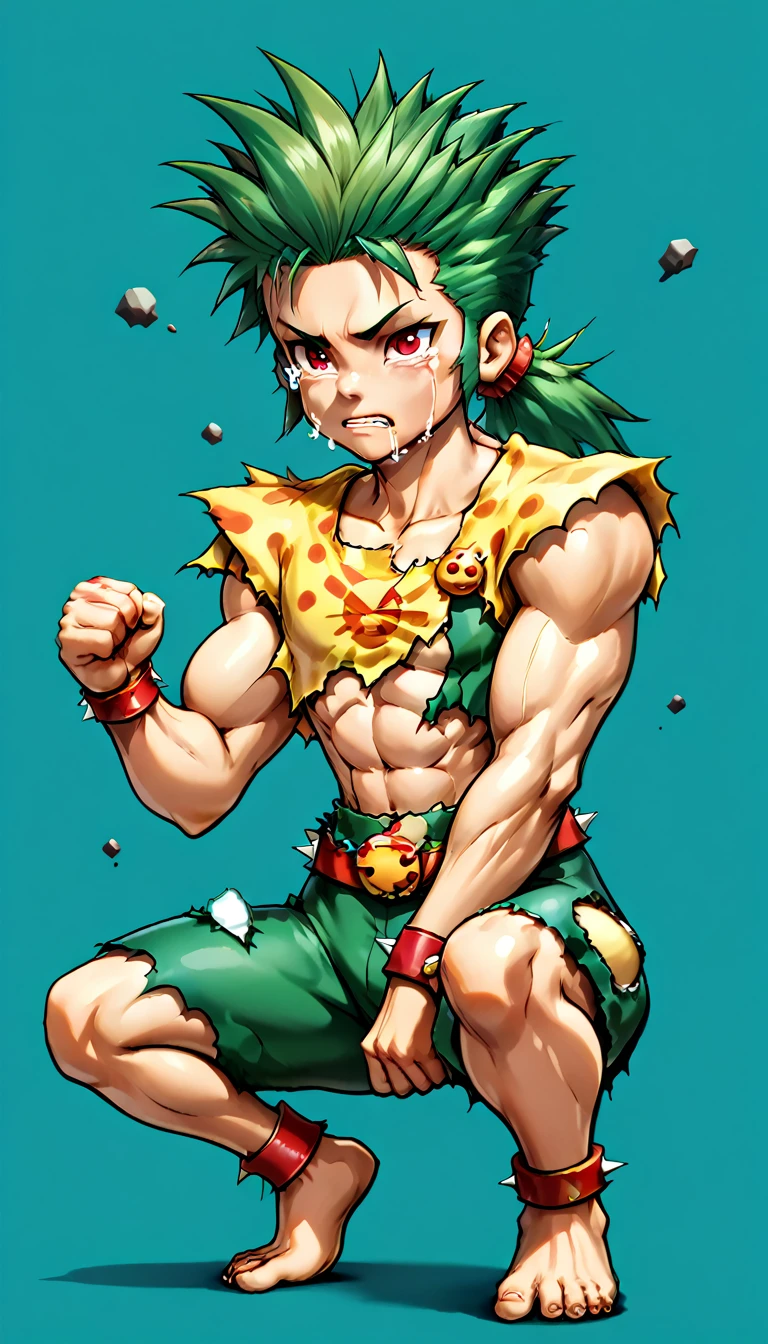 Highest quality,Masterpiece,Pro Art,8k,Anatomical,f6close,torn clothes,Green Hair,juvenile,Huge muscles,Huge erect penis,Wolf Pose,full body,Spiked Hair,Voluminous ponytail,Chibi,Crying face,Lots of drooling,Japanese anime style,score_9, score_8up, score_7up, score_6up, score_5up, score_4up, source_cartoon, rating_safe, break
abstract background, break
male, Alone, 1boy, f6close, green hair, spiked hair, low ponytail, red eyes, break
torn clothes, crouching, barefoot, break
 