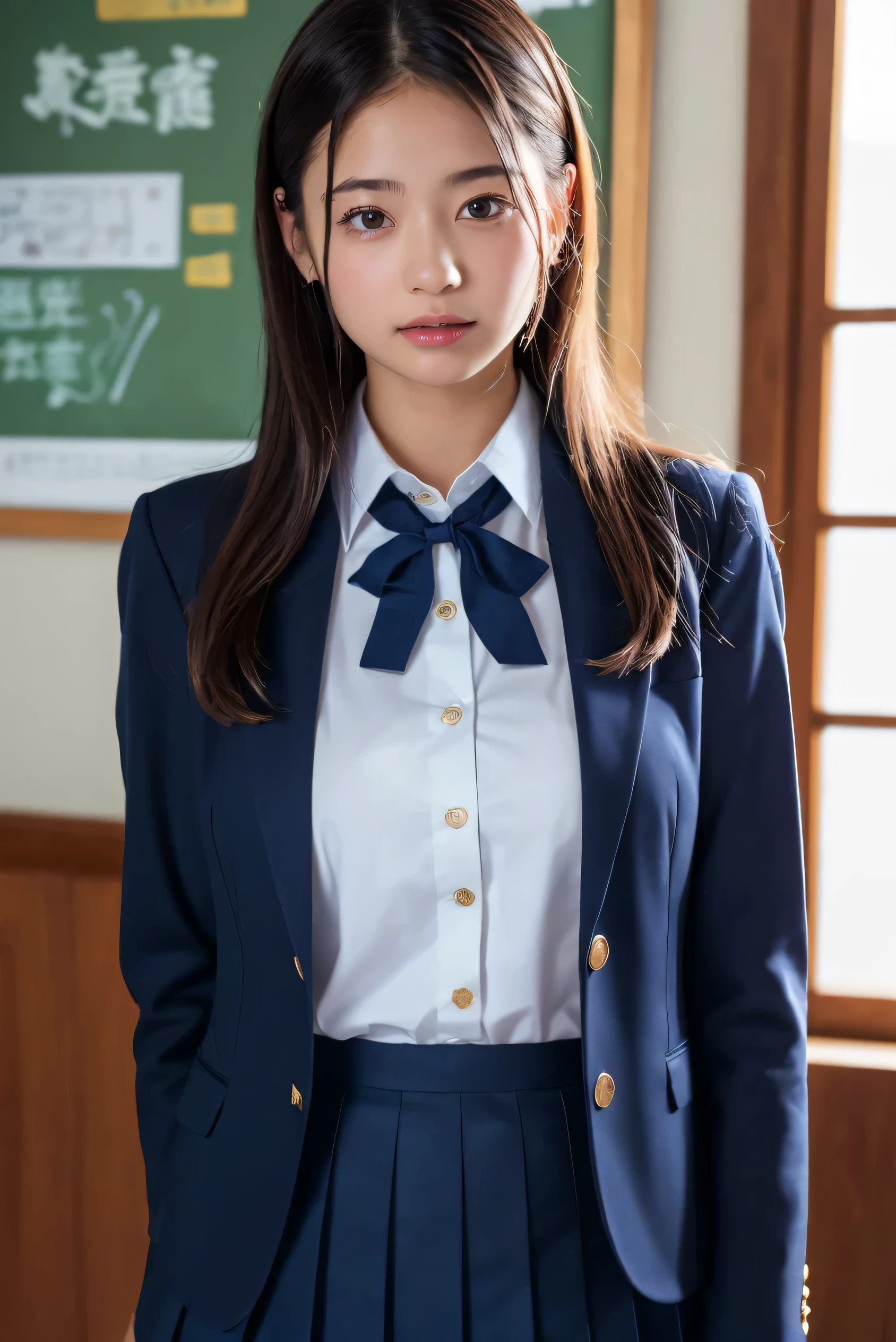 (8k, RAW Photos,Best Quality, High resolution:1.1), (超Realisticな:1.4),(Realistic, Realistic:1.3),The beauty of Japan、1、(navy skirt), navy blue blazer, pleated miniskirt,
(cute school uniform)、((Upper Body:1.3))