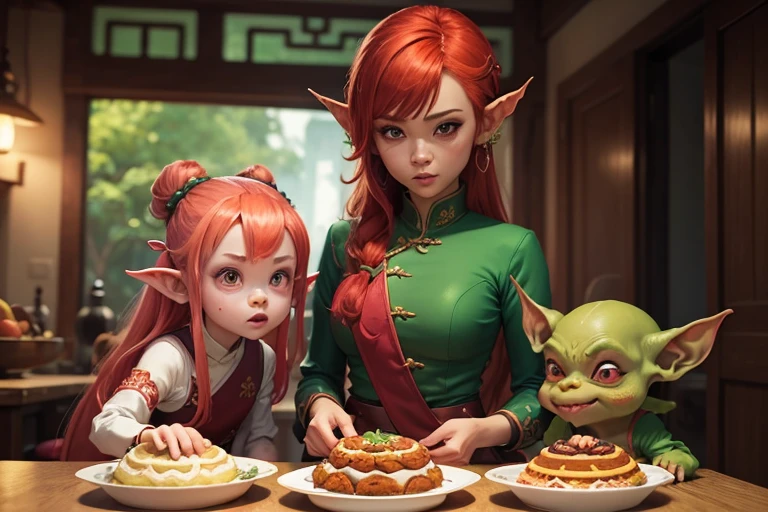 Personagem feminina nua presa com goblins ao seu redo