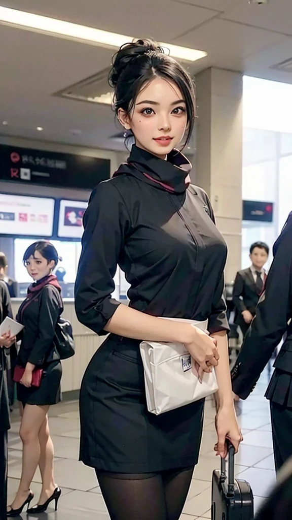 (1girl, solo:1.3, seductive sexy woman, 29yo), (Stewardess, (black mini pencil-skirt), pantyhose ), (standing), clear skin, slim, scarf, black sleek updo, [smile:0.7], saggy huge breasts, airport, high heels, facing view, (best quality, realistic, highres), ultra detailed, (beautiful detailed face, makeup, big eyes, beautiful lips, full of sex appeal ), perfect anatomy 