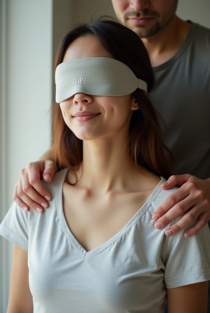 (portrait),topless,beautiful,happy blindfolded,23 years old,woman,wavy messy,shoulderlong,brown hair,facial freckles, black sleepmask blindfold.