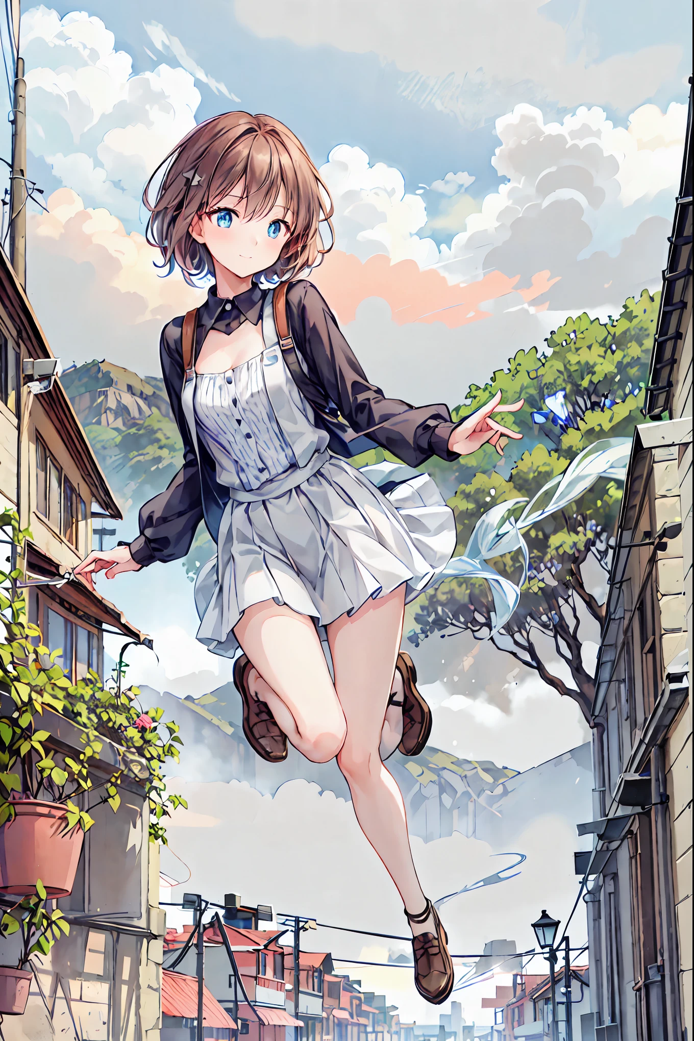 Sunrise view of a woman running down a steep hill in a misty rural town, Distant and close views, Smoke rising from the chimneys of an old rusty factory near the bay and port, Cinematic Lighting, Dramatic atmosphere, 8k, High image quality, Realistic, Detailed landscape, Contrail,Volumetric lighting,Black Shirt,Tight skirt、Brown Hair,Shortcuts,Messy Hair,Short braided hair,Neat,Slender beauty,Dignified posture,Small chest,Beautiful legs,Her charming grey-blue eyes shine like stars.,Vibrant colors,Beautiful Eyes,A delicate smile,Textured Skin,The best quality in the best condition,A kind and beautiful woman,Anime Style、
