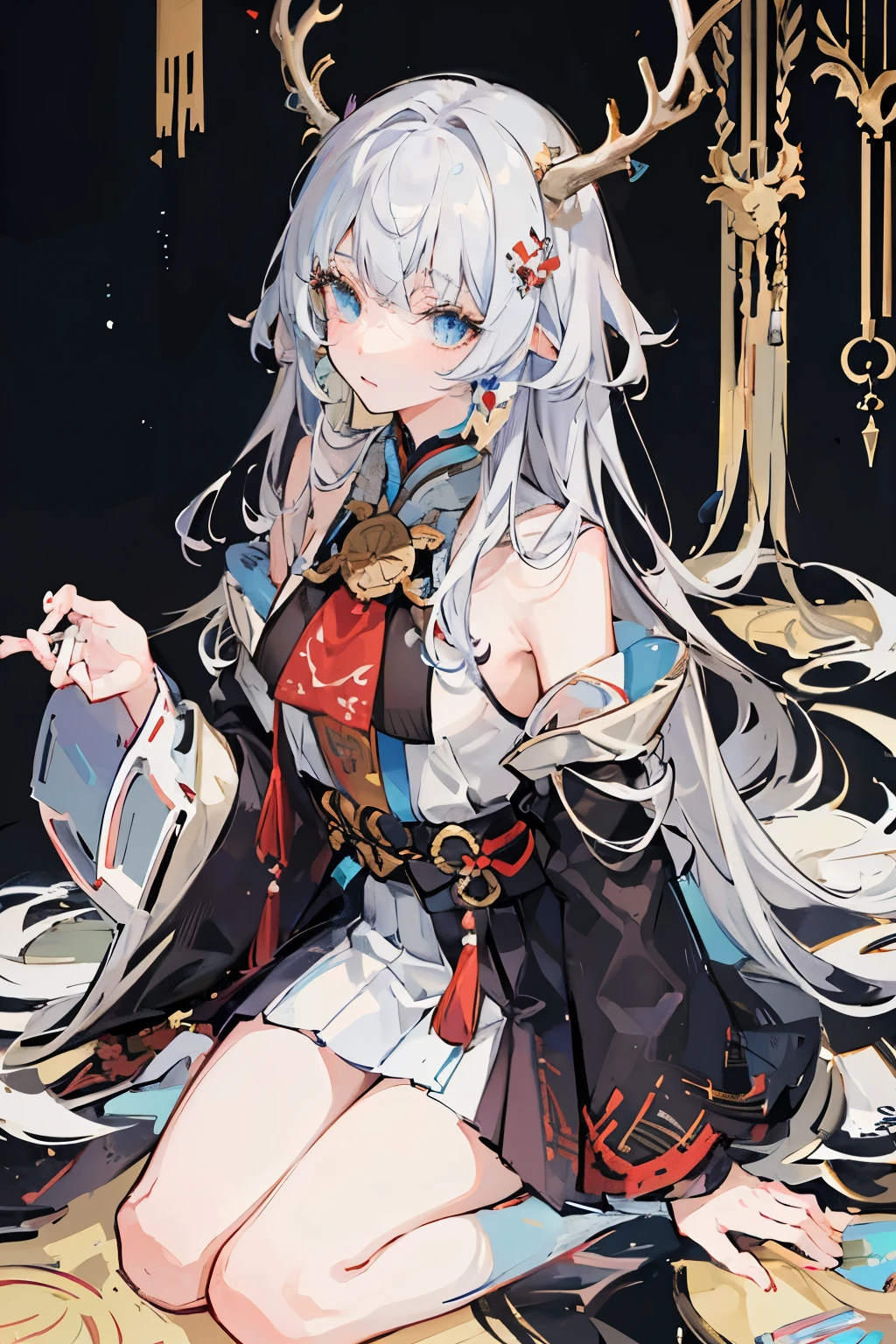 masterpiece, best quality, absurdres, perfect antomy, 1girl, solo, back tattoo, outdoors, silver hair, blue eyes, kimono, night, from behind