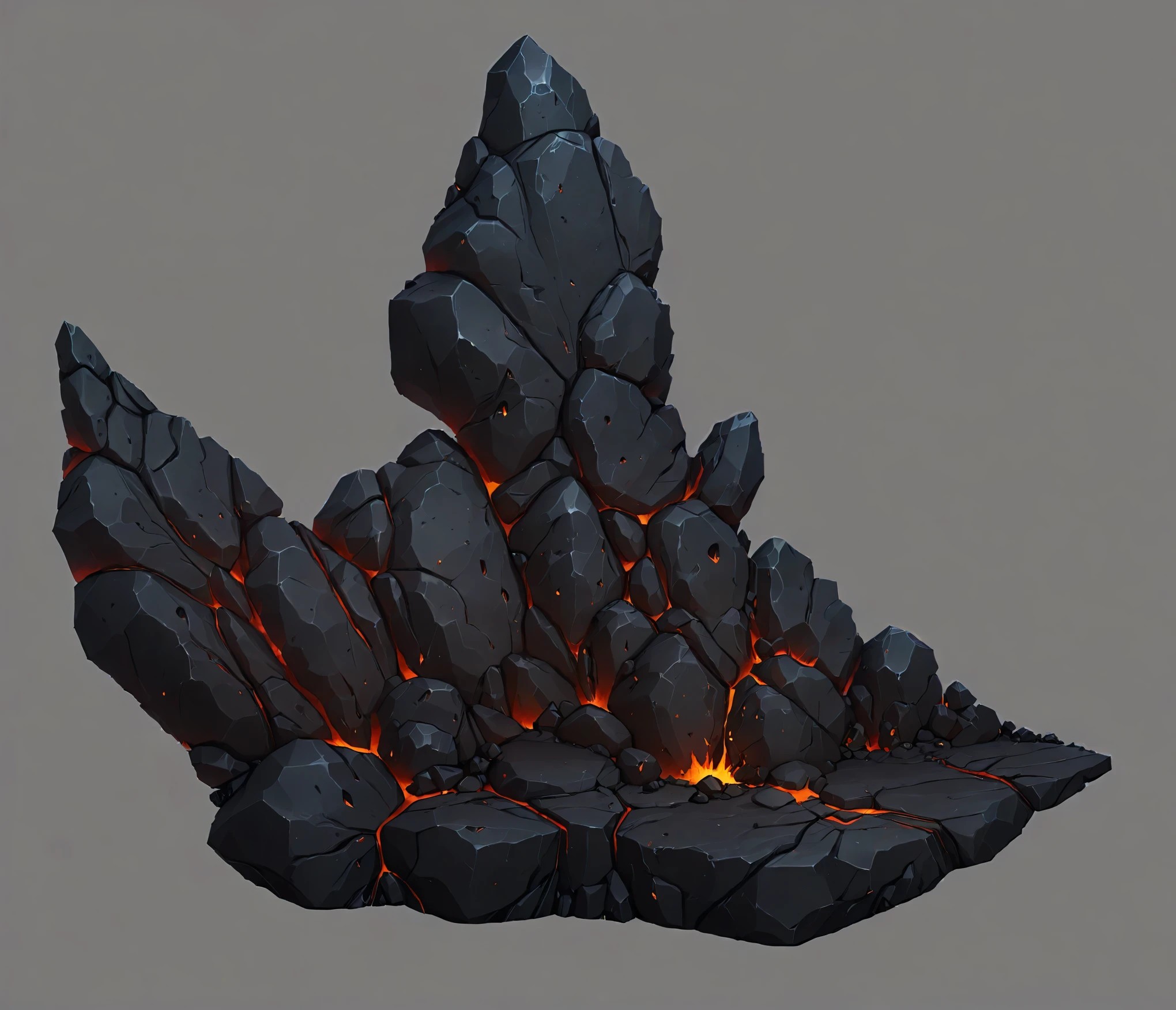 Close up of a rock with fire on it, Flame Stone Scattered, Rocky environment, Black rock statue material, Draw as a game concept map, Dark volcano background, Number of polygons, Game assets, trending on Number of polygons, Detailed game art, Volcano Studio Background, Lava texture, Number of polygons contest winner, Stylized concept art, Volcano texture