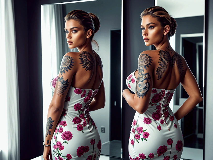 highly detailed, photography, ultra-realistic, gorgeous supermodel woman posing in front of a mirror over her shoulder, a tattoo on her right arm, in a dress, busty.