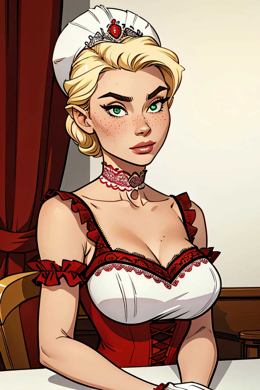 Athletic and thin woman, 25 years, 8k (High definition), thoughtful expression, seductive look, green eyes, nose fine, wearing a royal red dress ((lace boat neckline, short puff sleeves)), pearl choker and tiara, arms positioned at the sides of the body, white skin, short blonde hair ((shoulder height)), sitting at the dinner table ((upper body)), curvy with freckles on her chest and neck, Big, round breasts. Marvel style ((high quality)), white background.