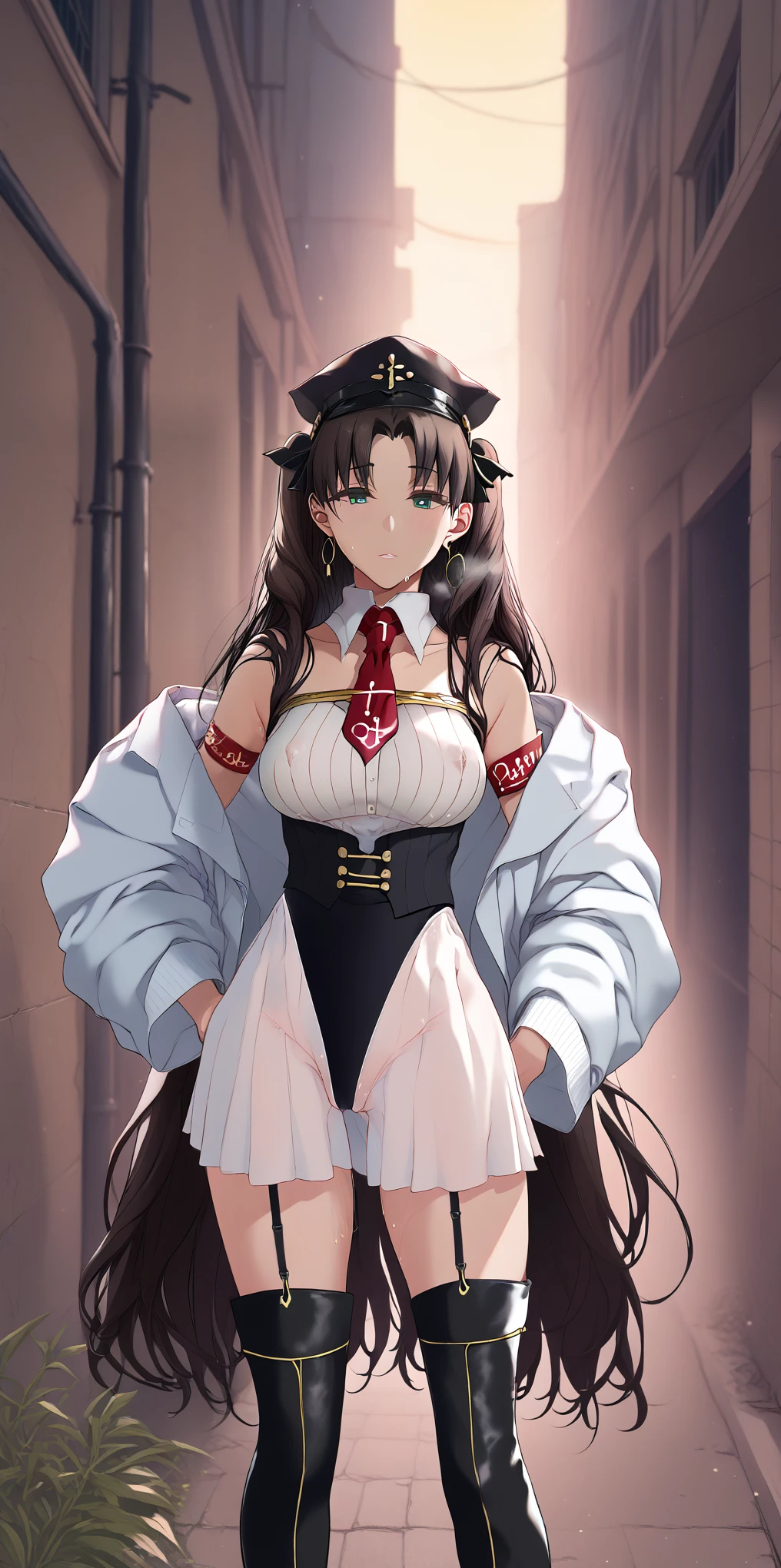 score_9_up, score_6_up, score_4_up, uncensored, tohsaka rin \(fate stay night\), black hair, long hair, twintail, ribbon, black ribbon, green eyes, BREAK beautiful detailed eyes, beautiful detailed lips, extremely detailed face and portrait, elegant expression, soft warm lighting, volumetric lighting, cinematic composition, detailed environment, lush garden, vibrant colors, intricate details, masterpiece, high resolution, digital painting, excessive sweating, sweating profusely, sweating drop, gasping, heavy breathing, bright pupils BREAK, lemon0051, elbow gloves, armband, collared shirt, leotard, necktie, peaked cap, garter straps, thigh boots BREAK, white choker, hands in pocket, alley,
