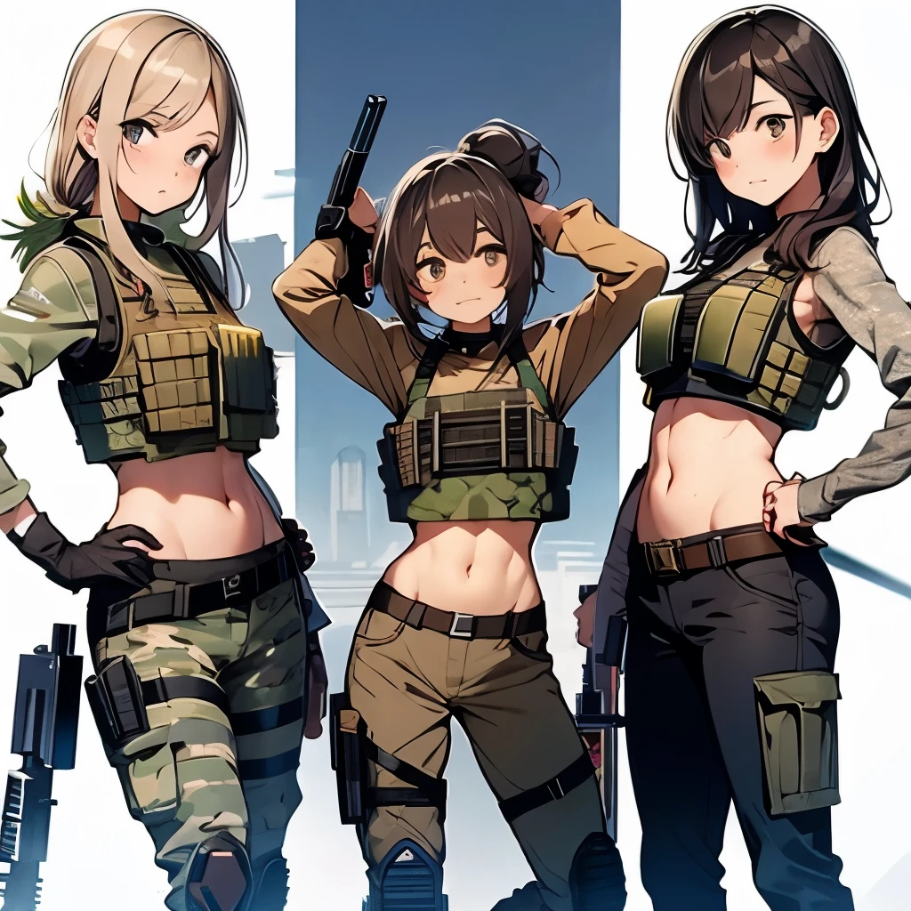 A group of  female soldiers, (in bedroom), various hair styles, tank top, harem, beautiful leg, midriff, camouflage military trousers, showings off armpits, seducing, bdsm, 