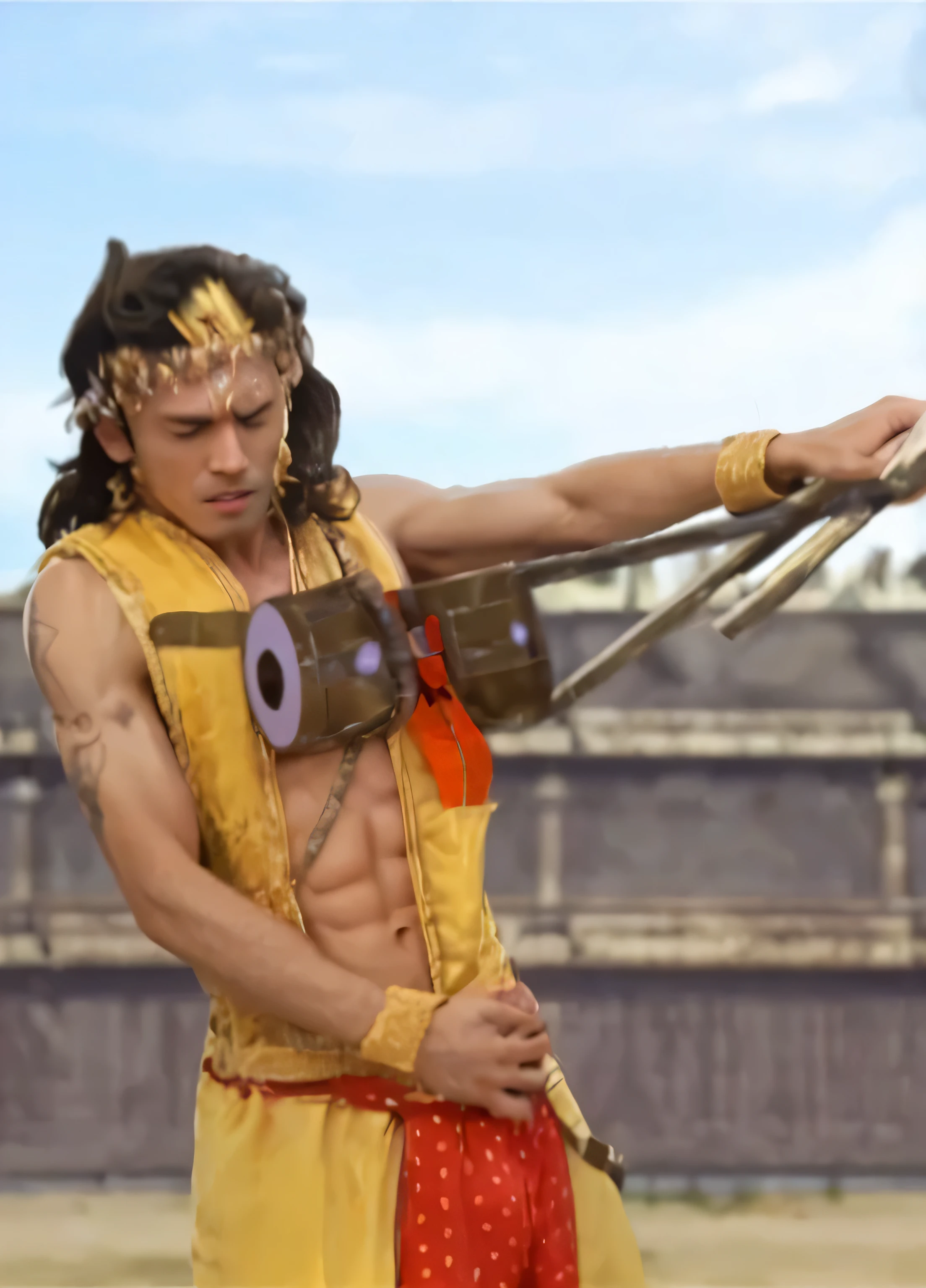 naughty man, darkskin, white robes on the shoulders, muscled body, white wide pants, (Ozymandia fate), fighting capoeira with your hands on the floor, kicking a sexy little elf, shorth hair, blonde and bright, yellow medieval costume