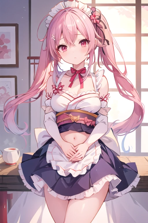 Beautiful illustrations、Navel exposure、Underbust、(bare shoulders:1.2),(Japanese style maid:1.3),(masterpiece、Best Quality、8k ), (Beautiful details), Detailed face, perfect lighting, Extremely detailed CG, (Perfect hands, perfect anatomy),  One Girl, Harusame、Side Ponytail, Pink Hair, Red eyes、Shining Eyes、Blue Hair, Gradient Hair, hair ornament, Thighs、Idol Pose、