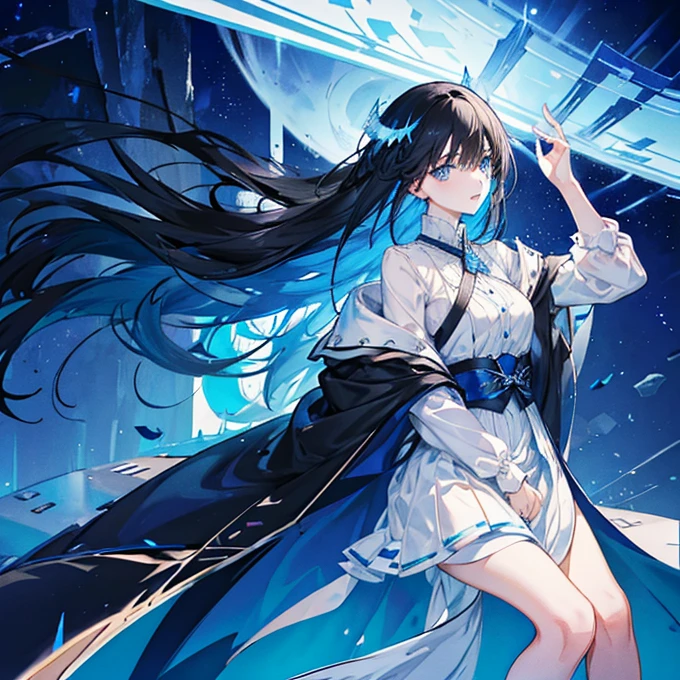 Anime girl with very long dark blue hair with straight bangs with some strands of hair next to her cheeks, slanted fuchsia eyes with a smile on her face mature body a mole under each eye with a gray skirt with long stockings up to her legs and a white shirt with blue lines