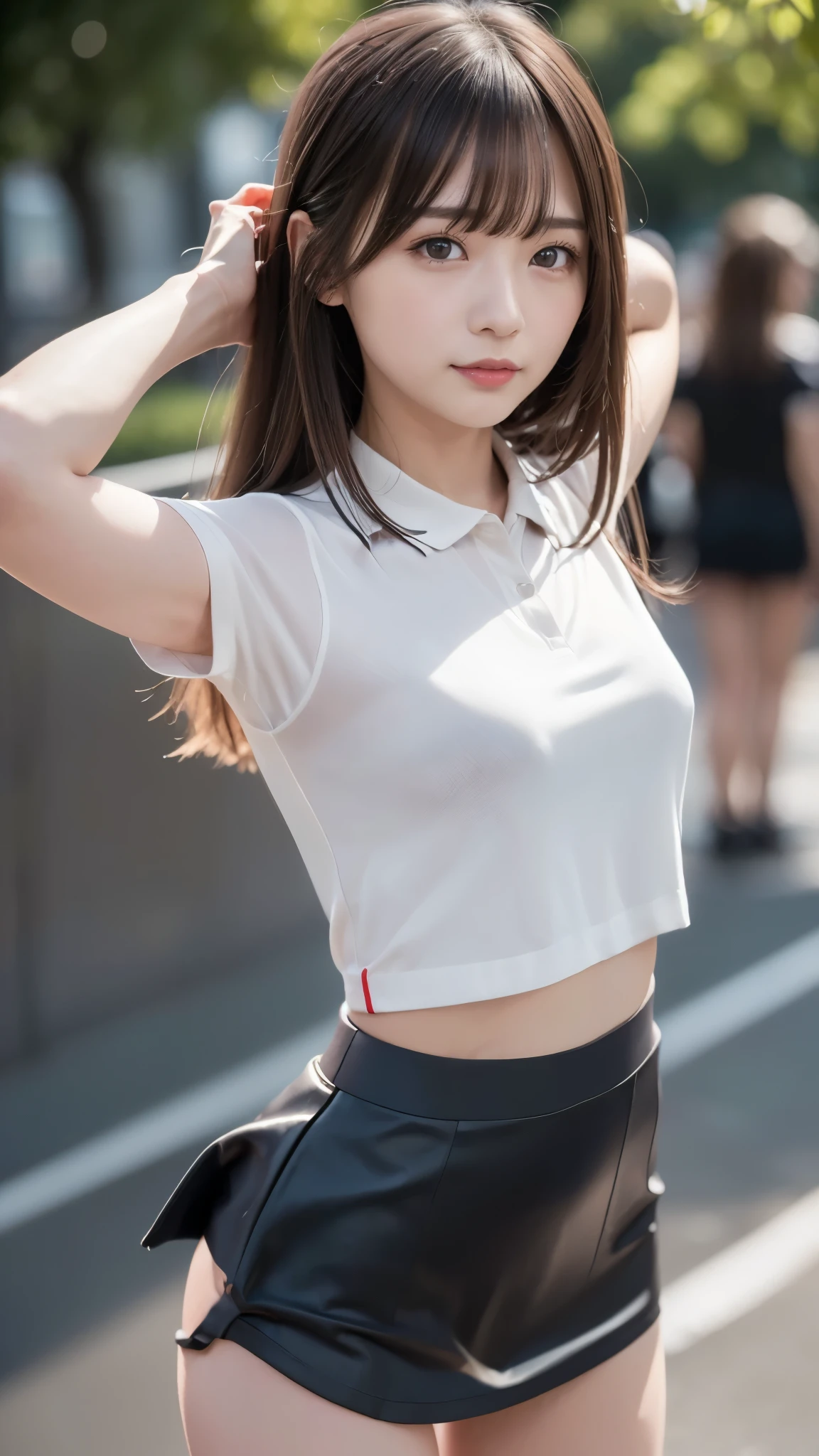 (8k, RAW Photos, Please redeem, masterpiece:1.2), (Realistic, photo-Realistic:1.4), (High quality 8K wallpapers), ((Full Body Shot)), (Baby Face:1.3, 1 girl), Sharp focus, Written boundary depth, Cinematic Lighting, Soft light, 緻密な美しさのeye, eye_Chan, Very beautiful 1 girl, innocent big eyes, Realistic, photo Realistic, A cute girl drawn in detail, (Thin thighs), (Model body type), (((MotoGP Repsol Honda Team Polo Shirt))), ((Micro Mini Tight Skirt)), (Big beautiful breasts), (((Fold your arms over your chest and assume an arrogant attitude))), ((Happy smile)), (Seductive lips), (Looking at the audience), (On the streets of Britain) , (Black Hair), (Long Bob Hair), (Asymmetrical bangs), (Detailed arms:1.3), (Detailed hands:1.3, Perfectly right move:1.1)