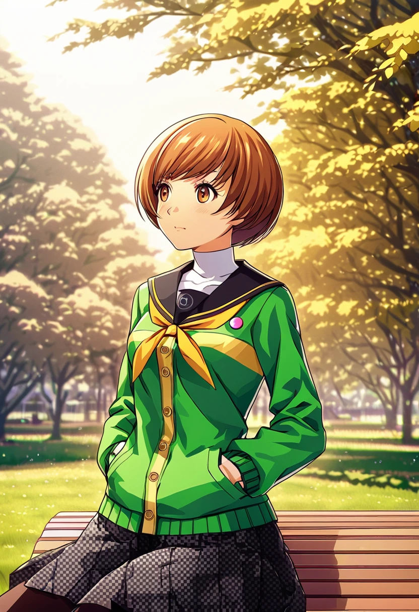  (score up_9, score up_8, score up_7,score up_6,score up_5,score up_4),source_anime, rating_safety,Masterpiece, best quality, hyper detailed, Super fine illustration, 8k,front view,BREAK 1girl,Chie Satonaka,cheeks,Alone,BREAK green jacket,school uniform,BREAK she is sitting on bench,BREAK Put your hands in your pockets,BREAK love atmosphere,BREAK park,countryside,detailed background,BREAK inspired from Persona4,(lora:0.7),2000s,anime style,