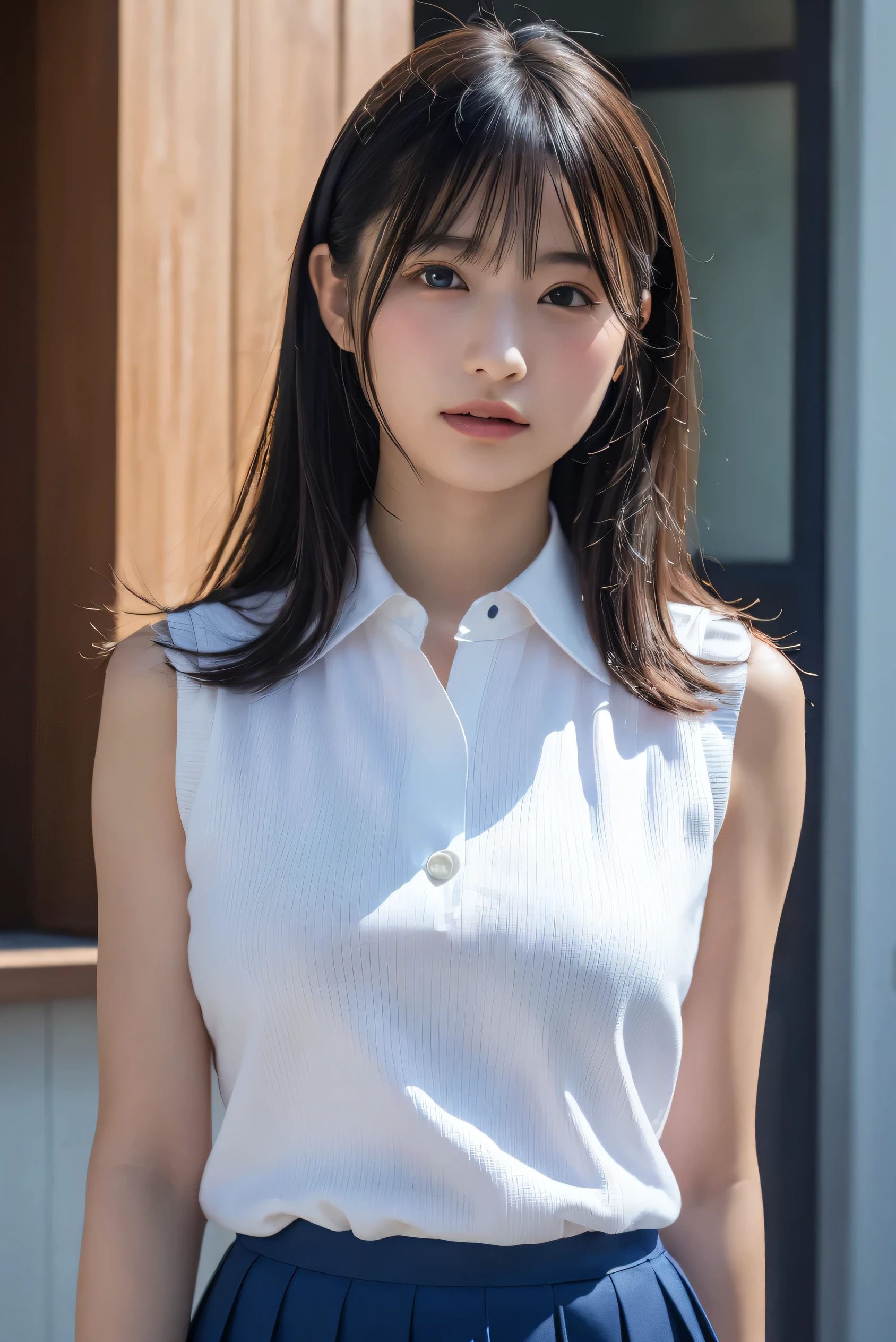 A cute girl who has been and tied up、Beauty、Make your eyes even、My hands are tied with ropes、Inside the hotel room、White short-sleeved shirt、Navy blue tanding in front of a wall、Age 25、Medium build、Like real life、highest quality、