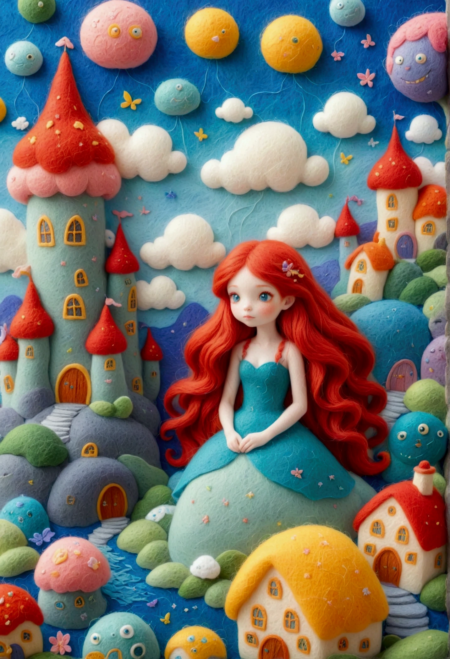 A delicate felt painting：Many huge monsters，Girl with long red hair，Dreamy and beautiful，Fairy Tale World，Sponge texture