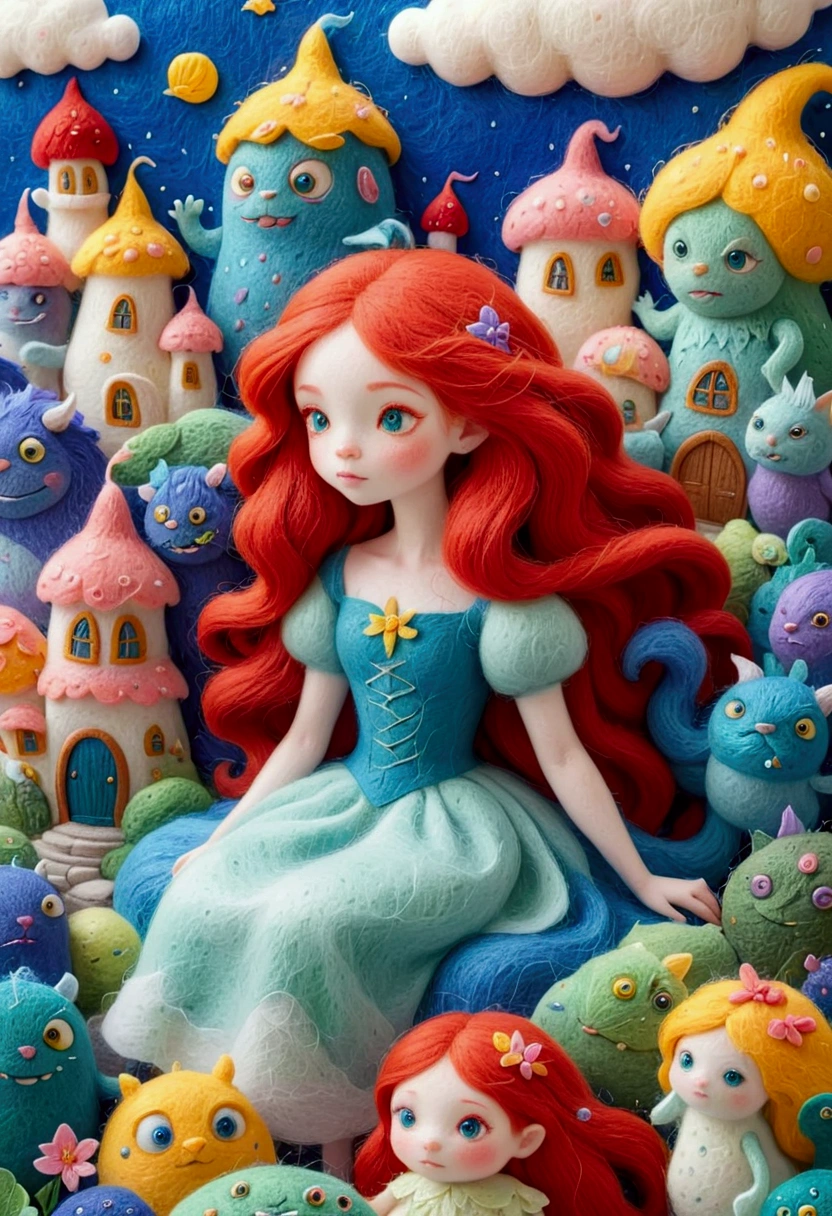 A delicate felt painting：Many huge monsters，Girl with long red hair，Dreamy and beautiful，Fairy Tale World，Sponge texture