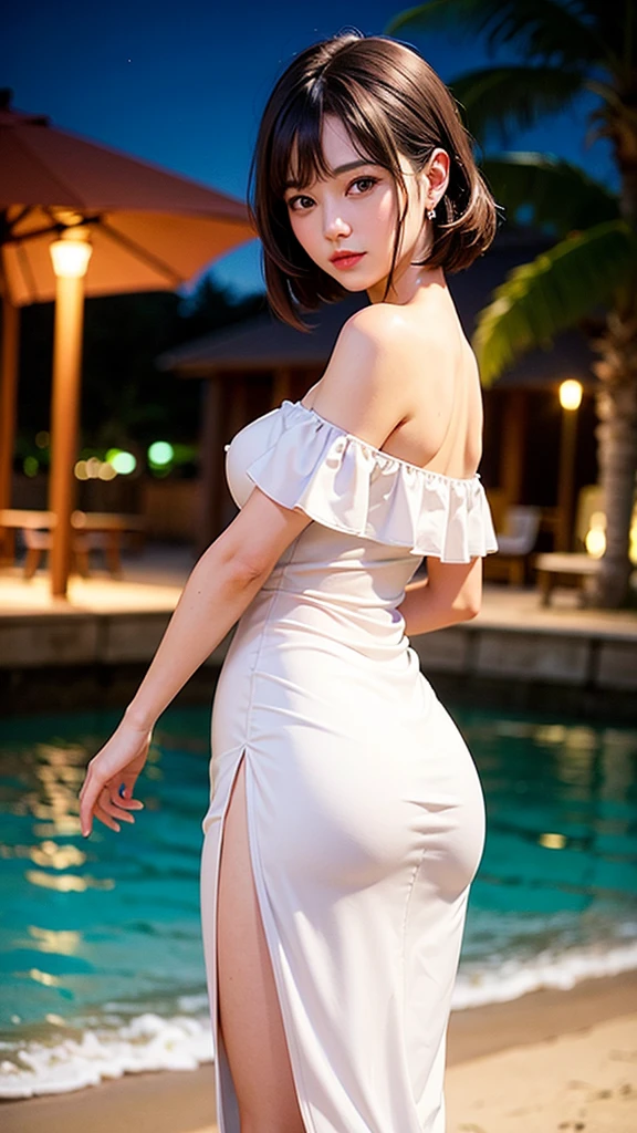 One woman,Beautiful woman standing,look back,Random color hair,Large Breasts,Round ass,Pure white princess dress(Off-the-shoulder flat cut)(See-through),night,Sandy Beach,Water&#39;s Edge,