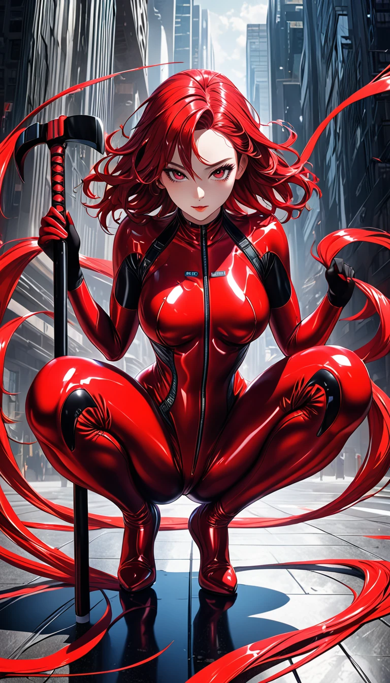 (masterpiece, Highest quality, Ultra-high resolution),Japanese women, (Very beautiful 25 year old girl), (Bright red latex maid outfit), ((Bright red latex long skirt)), (A bright red long-sleeved latex shirt covering the upper body), Bright red latex gloves, Bright red latex socks, (Bright red latex bodysuit), Frills, The clothes fit perfectly, Bright red latex has a strong metallic sheen, Dark Room, Kaenbyou Rin, red eyes, red hair, twin braids, animal ears, cat tail, multiple tails