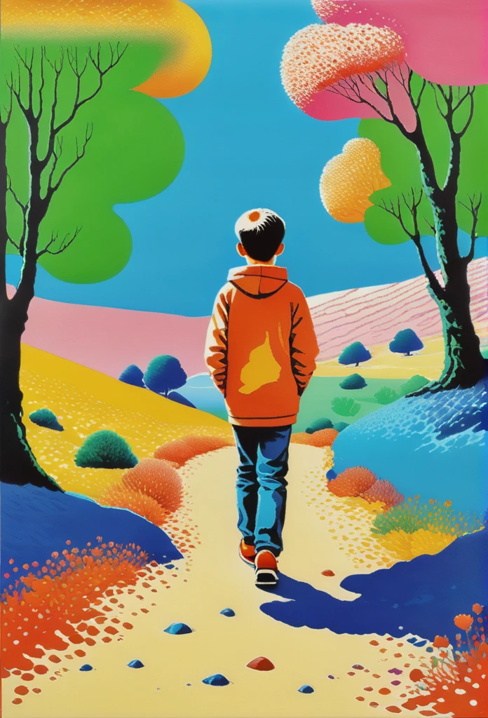 Neo-pop art risograph print, the main is walking through a colorful landscape, in the style of hicari shimoda, alex colvill, young british artists (ybas), sandy skoglund, realist detail, pensive stillness, children's book illustrations – no mockup – style raw