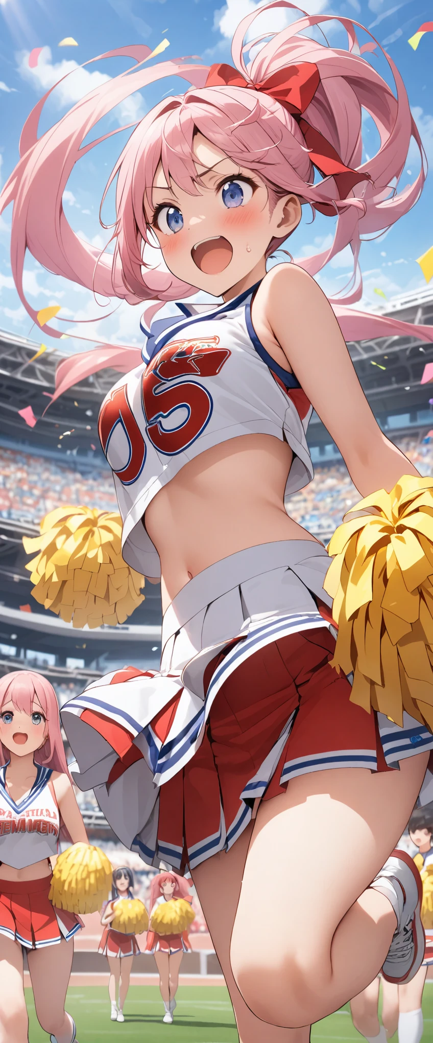 Pink hair ponytail、Dynamic hair、Yellow pom-poms in hands。Bustling Stadium、Cheerleaders、Cheerleader Uniform、Energetic、Energeticに声援を送る人物達、