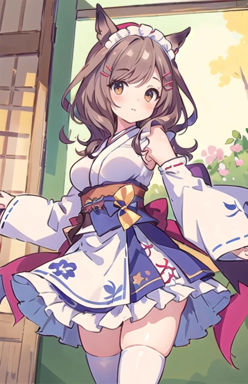 Beautiful illustrations、 Navel exposure、Underbust、(bare shoulders:1.2),(Japanese style maid:1.3),(masterpiece、Best Quality、8k ), (Beautiful deTails), Highly deTailed face, perfect lighting, Extremely deTailed CG, (Perfect hands, Perfect Anatomy), One Girl, Matthijs Tannhäuser \(Uma Musume\), Long Hair, Hair Accessories, Brown Hair, Tail、Thighs、A pose that attracts men、