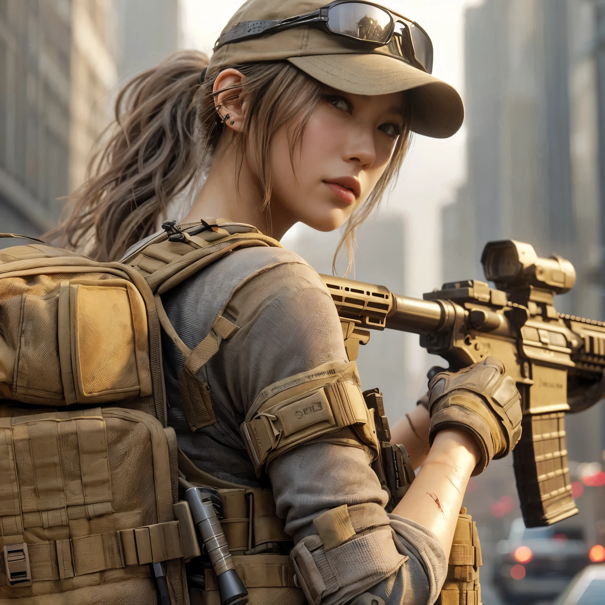 Hyper realistic image of Sniper soldier in the midst of war with a tired and melancholy countenance. Com tons mais quentes.