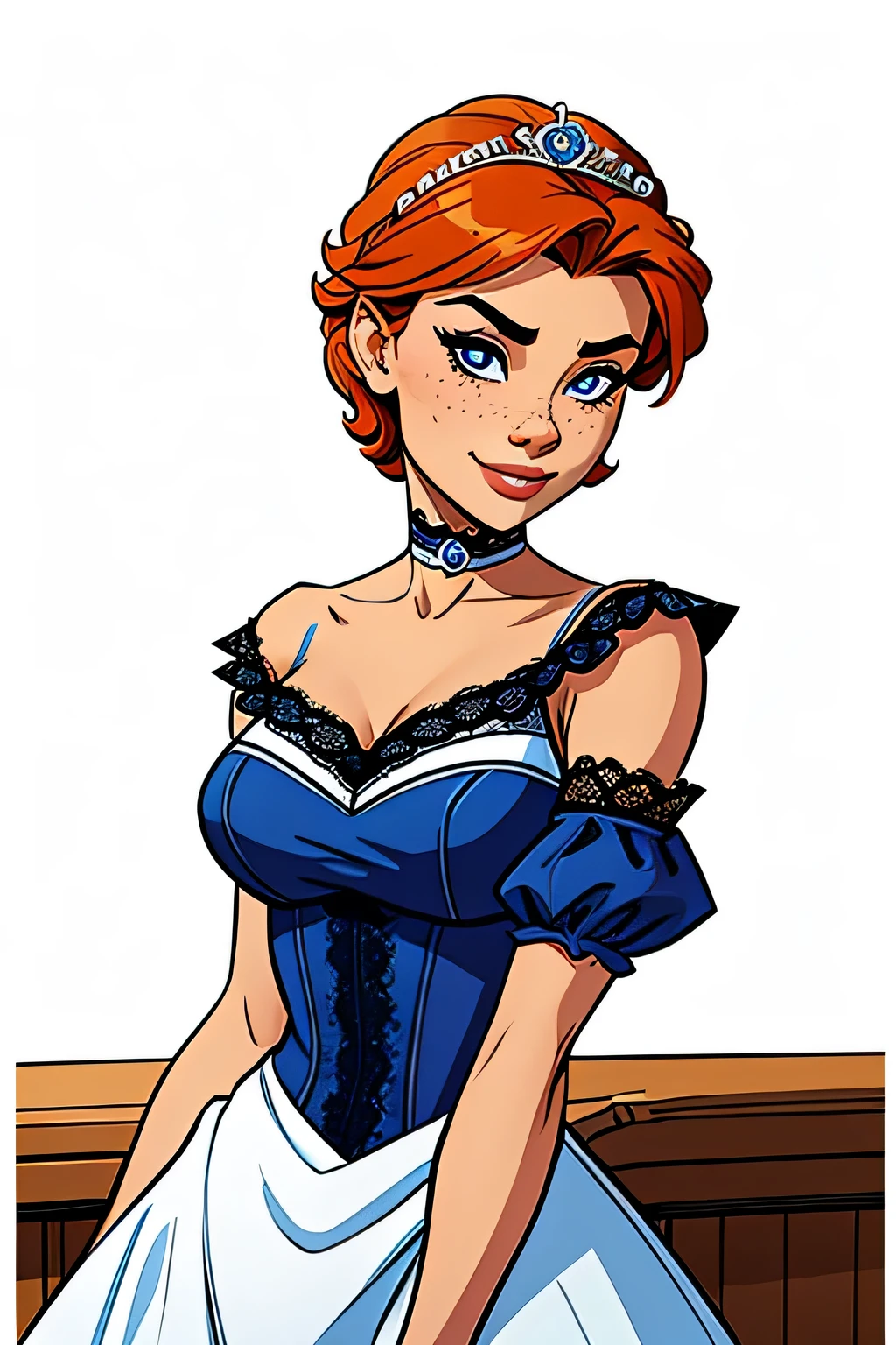 Athletic and thin woman, 25 years, 8k (High definition), beautiful smile, seductive look, blue eyes, nose fine, wearing a royal blue dress ((lace boat neckline, short puff sleeves)), pearl choker and tiara, arms positioned at the sides of the body, white skin, short orange hair ((shoulder height)), standing ((upper body)), curvy with freckles on her chest and neck, Big, round breasts. Marvel style ((high quality)), white background.