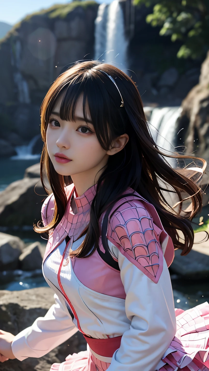 masterpiece、最high quality、超High resolution、Ultra HD,wonderful、aesthetic、 high quality,High resolution,16k,Sharp Lines,One girl,(Spiderman Costume、黒とpinkの衣装、Super Heroine)、Long sleeve、skirt、Cute face, Perfect Anatomy:1.2、Abnormally small breasts, nice,Focus Girl,Detailed and beautiful face,Detailed clothing,Beautiful Eyes,nice,Dynamic Angle、Unreal and dynamic、Surreal、dynamicなAction Shots、During combat、((Ultra-Realistic Details))、Portrait、Sharp、Facial details、((Ultra-Realistic Details))、Portrait、超Sharp、Realistic textured face and skin、Perfect Anatomy、CGSoation Trend、masterpiece、最high quality、Ultra HD、超High resolution、Octane Rendering、超A highresolution、dynamic、Action Shots、Dynamic Action:1.2、Detailed Background、((Speed Line、Dynamic、Motion Blur))、 Jump towards here、Move Motion、pinkの補完色、Super sophisticated、((Waterfall Background、Rocky area、Lots of water))、(pink)、