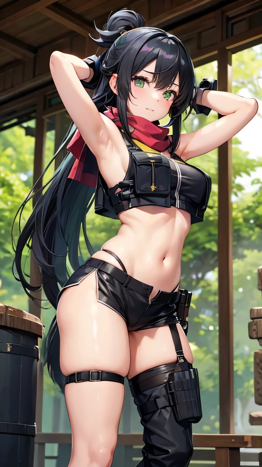 thynasha, 18yo girl Dark blue hair,long hair,ponytail,hair between eyes,bangs,outdoors,cityscape,standing,armor best,assault rifle,camouflage,holding weapon,load bearing vest,saide backpack,full body,best quality,masterpiece,highres,official art,extremely detailed cg unity 8k wallpaper(black beret, black jacket, open clothes, cleavage, midriff, black medium skirts, black thighhighs, thigh strap, fingerless gloves, single glove:1.2), Photo,sharpness, F1.6 lens,hyper-realistic textures,spectacular light textures, Cinestil 800 Fashion Mechanics,(((Beautiful woman with left leg restrained , hand hung by chains))),Appearance,Beautiful girl with accentuated slender abs: 1.1,six-pack abs: 1.1, Bust Botox,Standing on tiptoe, long legs,Long brown hair fluttering in the wind,Brown hair, Long hair, Female Warrior Costume,(No panties,No bra),(tacticul battle fashion,elbow and knee tacticul battle fashion, battle glove: 1.1),((cute batre costume)),The belly comes out and the navel is visible,Thin sheer costume, combat gloves,shredded costumes,cyber long combat boots with golden knee pads,Anatomical,(futuristic sci-fi battle fashion, new elbow and knee cyberpads, new cyberlong boots, new cybergloves: 1.1),(tied perfectly by iron chain), Restraint, Slave, collars, contempt, (Chained), 4 chains hung from heaven, Metallic shackles and fetters, wet crotch clearly visible,((Hands are restrained above the head)), the neck is chained,Chain from left knee to heaven,Chained by rusty iron chains,((the tip is protruding, areolas protruding,The shape of the pubic harearea is clearly visible:1.2)),Sweating,Wet,Wet crotch,Wet thighs,Junkyard, Realistic, (cute, perfect clothes, skimpy clothes, cute: 1.3) ,Vast miritary base in us,((wide mirtary hospital with summer sunlight)), peeling ceilings, Rebar between, Realistic material details, Extreme details, Ultra-realistic materials,narrow waist,(Sexy belly,Constricted hips, beautiful medium ass:1.5),(with sparkling eyes and a contagious smile:0.9)