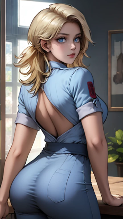 (masterpiece, highest quality, best quality, official art, beautiful and aesthetic: 1.2), (1girl), extremely detailed, (fractal art: 1.3), highest detailed, lower boddy focus, lower body, HDR, ), vivid visual effects, (dynamic stripes, luminous traces: 1.2), back viee, nude, hip focus, sexy, wide hips, thicc figure, completely naked, abs, muscular, ass, ass focus. Looking at viewer, looking back, Detailed face, Detailed eyes, perfect face, perfect eyes, integra, integra hellsing, wearing overall jumpsuit, overall jumpsuit, exposed thighs