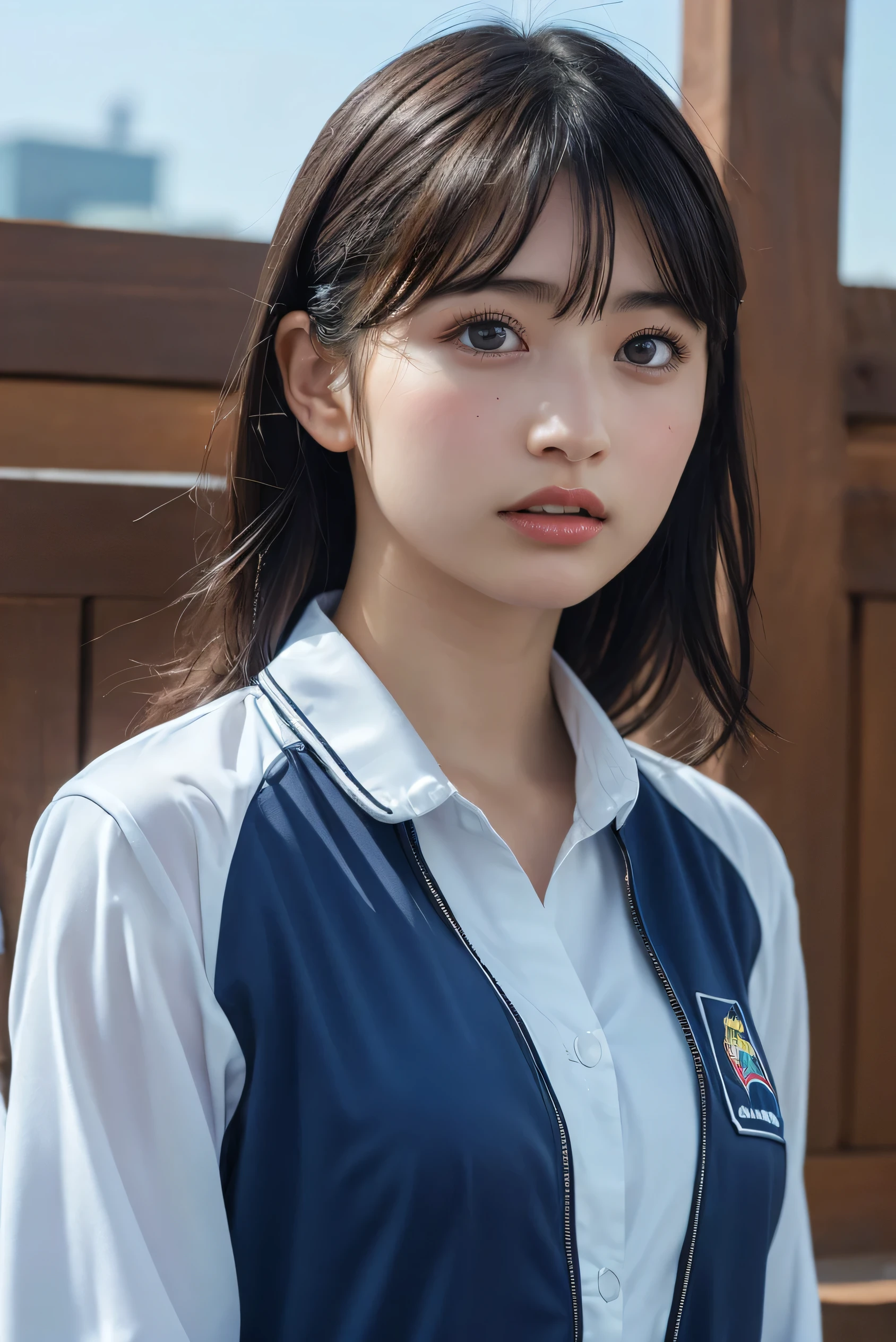 Enhanced dynamic perspective,Cute cute beautiful girl,sexy JK ,Look at me and smile,simple backgound,Works of masters,high quarity,Girls' Schools、4K resolution,super-fine,Detailed pubic hair,precise,Cinematic lighting,Volleyball Club、Leaves the original facial proportions、(large full breasts)、((buttonGap))、crouching down、
