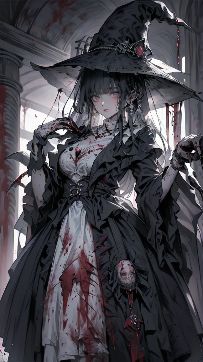 ,Multiple Girls,Frolicking Girl,Multiple women,Tea Party,Crazy Smile,Look up,Face shot,Scythe Face,Girl Monster, slave,beautiful, Detailed portrait, Gentle features, Sharp Eye, Sharp Fangs, Pale skin, Thick Chain, Dark Background, Cinema Lighting, Dramatic Shadows, Gothic style, Gloomy atmosphere, Dark fantasy, One Girl, , Open your mouth wide, Open your mouth and bar your teeth,Sharp teeth like a beast, Wide lips, Very wide mouth, Red cheeks, ,(Blood splatter:1.6),Scary face, Laughter　Witch design, Twisted Smile、Bloody、Blood coming out of the head,、Blood splatter、,(Blood splatter:1.6),Crossbones, skull,　, Horror Style, ((fantasy witch costume)), ((White hair fluttering)), ,(Blood splatter:1.6),Female Curves, Large Breasts, Thick thighs, Sexy flat stomach, Perfect hands, Perfect anime face, ((Darkta Dress)), Standing, ((Wicked Smile)), ,(Blood splatter:1.6),Victorian city, Gas lamp, Steam circulation, Moonlight Illumination, night lighting, A sky filled with stars and galaxies,disaster々New Devil Horns,,(Blood splatter:1.6),アニメゾンビWitch design, Twisted Smile、Bloody、Blood coming out of the head,、Blood splatter、,(Blood splatter:1.6),Crossbones, skull, 