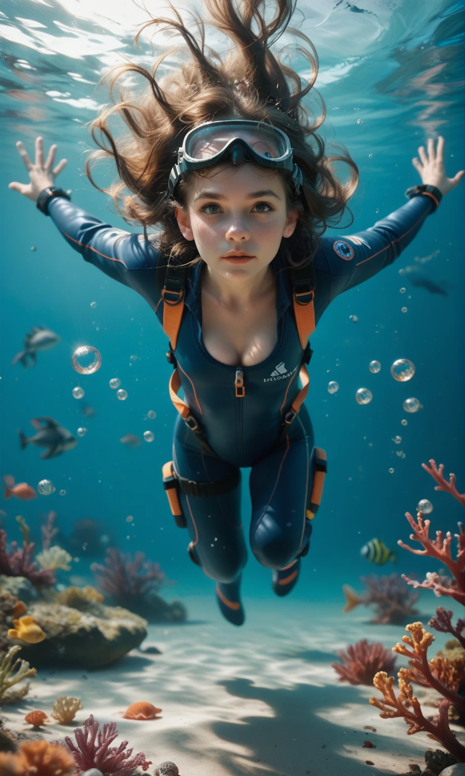 score_9, score_8_up, score_7_up, score_6_up, sharp, photo, underwater, sandy bottom, charming girl, brunette, in diving suit, cleavage, diving mask, swimming on ocean, looking at viewer, depth of field, bokeh