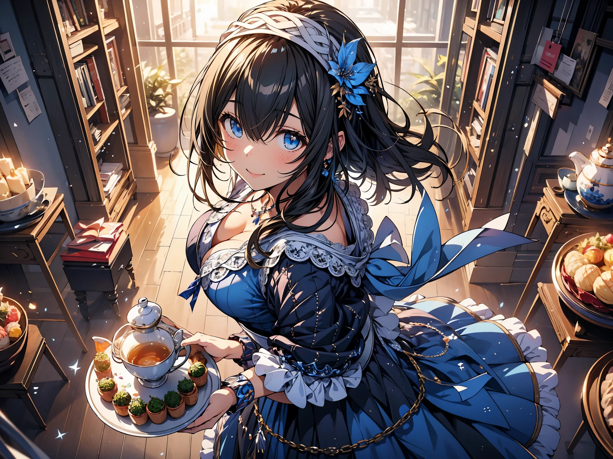 (masterpiece, Best Quality), (Ultra-high resolution, 8k RAWフォト, Photorealistic:1.5, Fabric Shading, Thin outline), Beautiful mature woman preparing a tea party in the garden, (Tea Set, Tea pot, Teacup, Cake on a plate), Gothic Table, 伝統的な濃い茶色のMaid uniformを着ている, Maid uniform:1.2, Long Flared Skirt, apron, Tall and long legs,  (Mature Woman:1.5, 2, Alone), (Large Breasts, sagging breast, big , Narrow waist), (Bright Eyes, Detailed eyes, High definition face, Perfect Face Shape, Dizzying), (A seductive smile, Half-close your eyes), (Looking at the audience:1.3), (Dynamic Angle, , From above:1.2), ((Correct Anatomy:1.5, correct hands)), (Ideal body balance), Outdoor, Glass Garden, aafumika, idolmaster, long hair, hair band, collarbone, necklace, blue sweater, blue shawl, brown skirt,humid