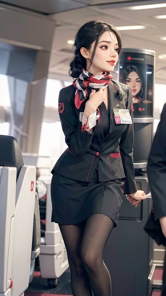 (1girl, solo:1.3, seductive sexy woman, 34yo, closeup ), ((Stewardess)), (black mini pencil-skirt), pantyhose ), (standing), clear skin, slim, scarf, black sleek updo, [smile:0.7], saggy huge breasts, airport, high heels, facing view, (best quality, realistic, highres), ultra detailed, (beautiful detailed face, makeup, big eyes, beautiful lips, full of sex appeal ), perfect anatomy:1.3