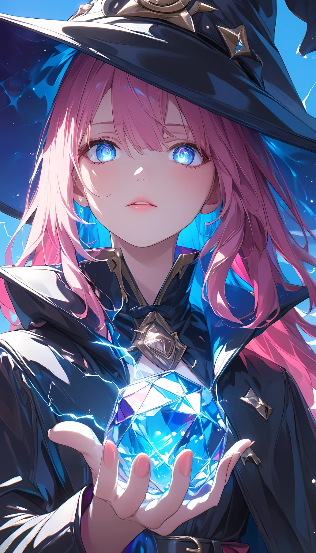 ((masterpiece)), (detailed), perfect face, high detailed eyes, ray tracing, super detail, textured skin, highres, Black leather coat, red inner shirt, leather belt, Wizard, witch, blue light, Shoots blue lightning from her hand, pink hair, long hair, crystal hair, expressive hair, anime style