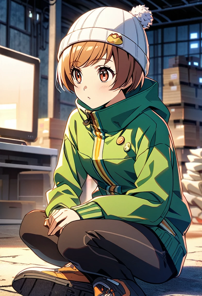  (score up_9, score up_8, score up_7,score up_6,score up_5,score up_4),source_anime, rating_safety,Masterpiece, best quality, hyper detailed, Super fine illustration, 8k,side view,BREAK 1girl,Chie Satonaka,cheeks,Alone,BREAK green ski wear,bobble hat,BREAK sitting on ground,BREAK She is staring at the stove.,BREAK love atmosphere,BREAK in warehouse,winter,midnight,detailed background,BREAK inspired from Persona4,(lora:0.7),2000s,anime style,